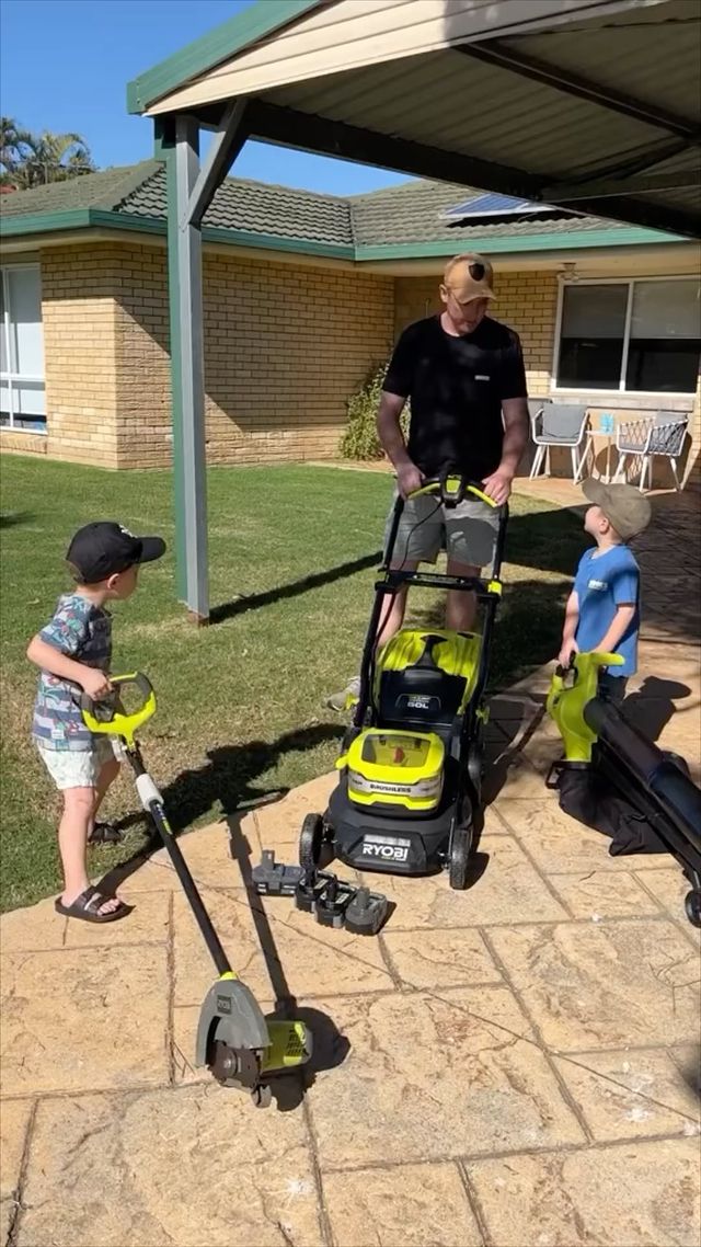 ME AND MY BOYS WITH OUR NEW TOYS!! RYOBI ONE+ 18V Cordelss Edge Trimmer is a game changer and my new favourite tool!! #ryobi #ryobiaustralia #edgetrimmer #lawn #mower #blower